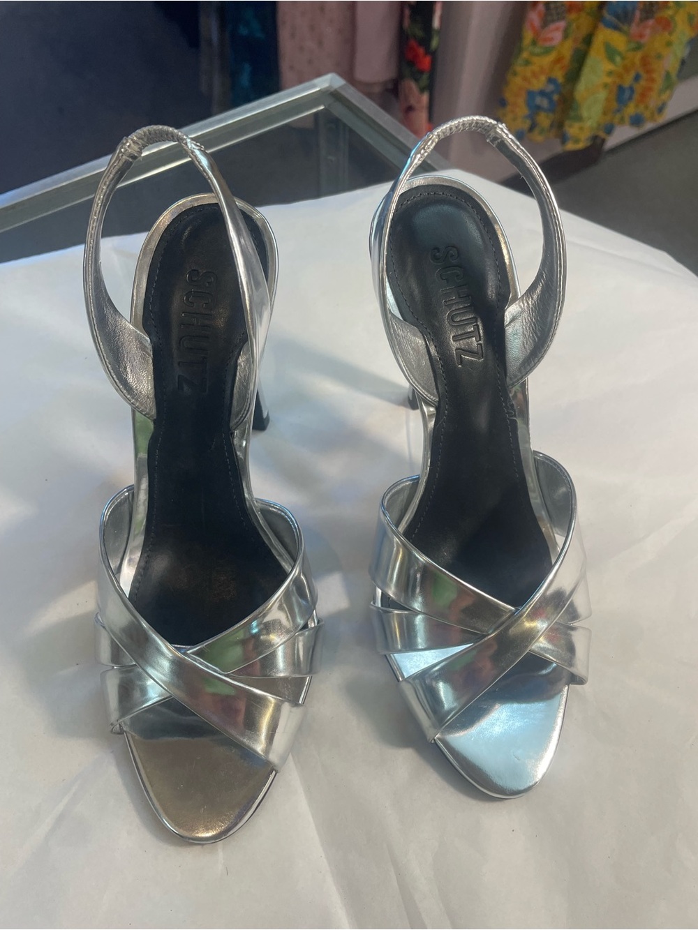 SCHUTZ Metallic Silver Crisscross Slingback Heels
